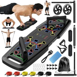 Moveable Push Up Board for Residence Gymnasium, Full Health Set with Pilates Bar, 20 Equipment, Resistance Bands, and Ab Curler Wheel for Full Physique Exercises