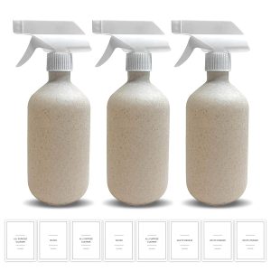 Set of three Wheat Straw Spray Bottles (500 ml) with Spray Nozzles – Leak-proof, Reusable Dispensers for DIY Initiatives, Hair Care, and Cleansing, Consists of 8 Organizing Labels